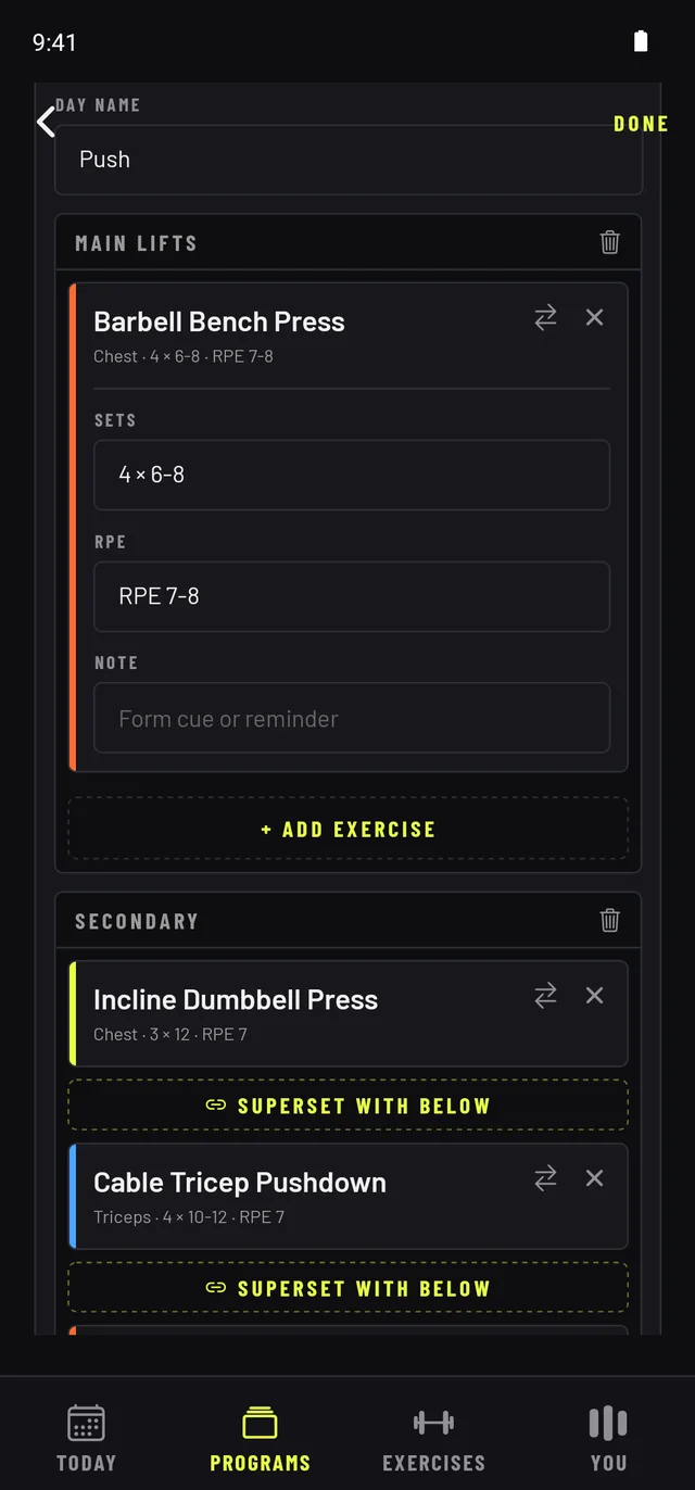 RepDeck program builder — editing bench press sets and RPE, with superset links between exercises