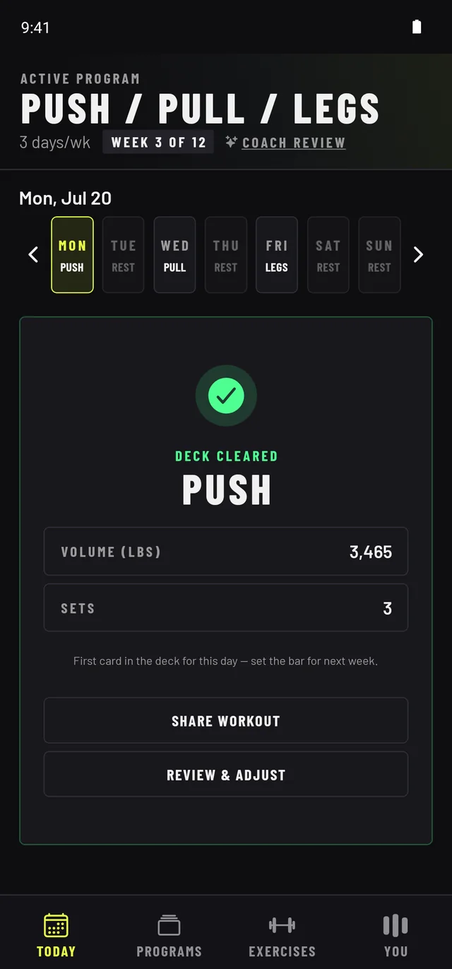 RepDeck Deck Cleared screen after finishing a workout — volume and set totals with a share button
