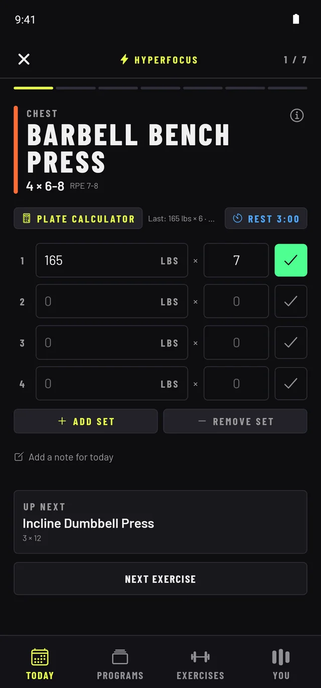 RepDeck Hyperfocus — barbell bench press with big set inputs, one exercise at a time