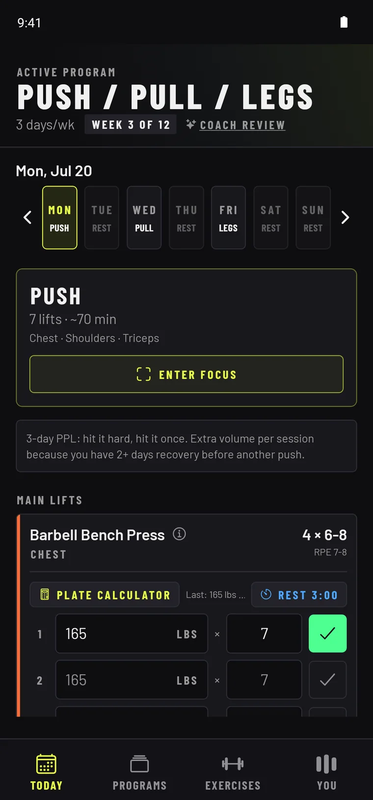 RepDeck Today screen — a Push day with the week strip, Enter Focus bar, and a logged bench press set