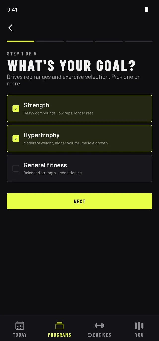 RepDeck wizard — step 1 of 5 asking what's your goal, with Strength and Hypertrophy selected